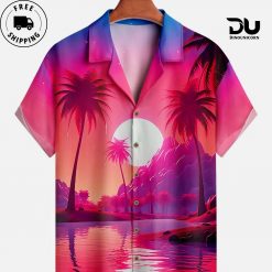 Coconut Tree Sunset Landscape Short Sleeve Hawaiian Shirt