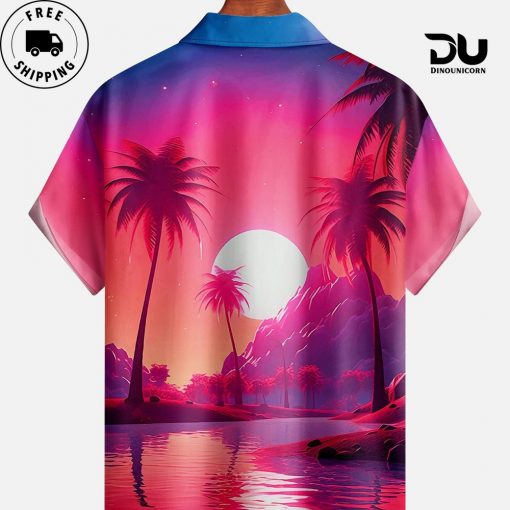 Coconut Tree Sunset Landscape Short Sleeve Hawaiian Shirt