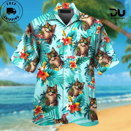 Maine Coon Cat Wearing Glasses Funny Hawaiian Shirt